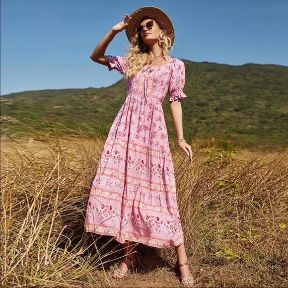 Boho gypsy long maxi dress pink paisley floral - Picture 2 of 13
